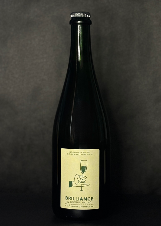 Kombucha Inc. Brilliance, a cava-infused low-alcohol beverage made with high-quality ingredients, offering a sophisticated and unique drink alternative to traditional alcoholic beverages.