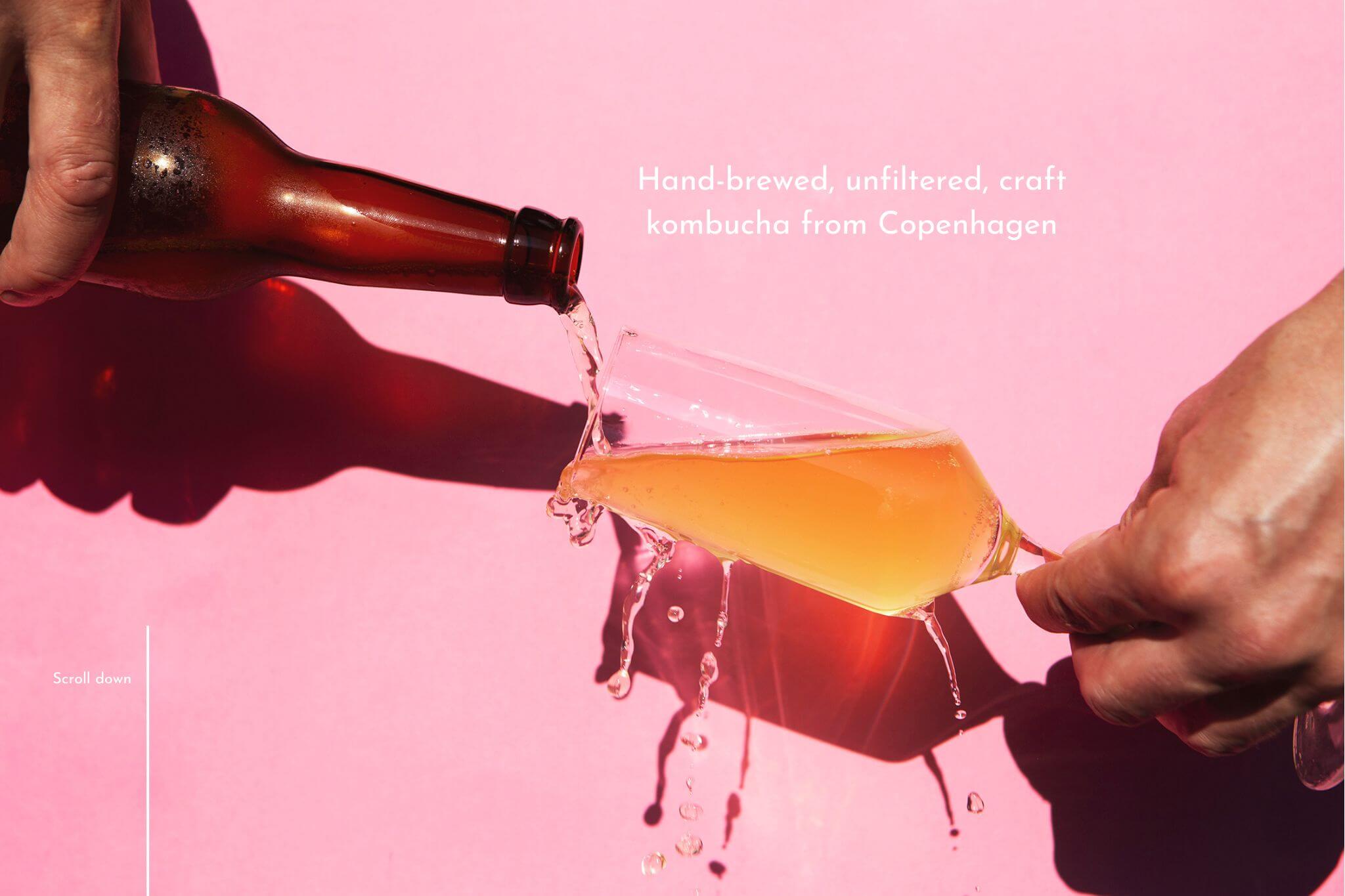 Kombucha Inc. homepage showcasing a selection of organic, non-alcoholic, and low-alcohol handbrewed and fermented kombucha drinks from Copenhagen, offering a unique alternative to traditional alcoholic beverages.