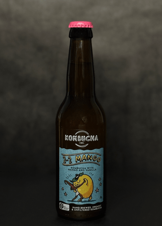 Kombucha Inc. mango and vanilla flavored kombucha, a unique craft beer alternative made with high-quality ingredients for a bold, low-alcohol experience.