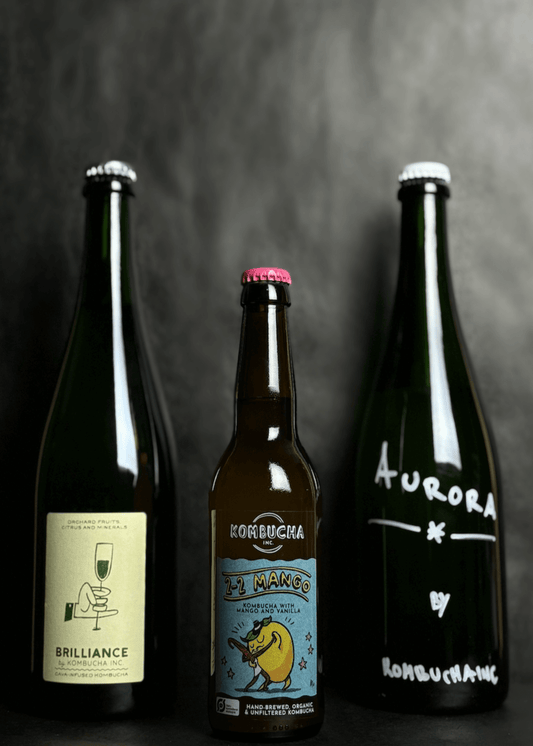 Kombucha Inc. The Starter Pack bundle featuring mango, yuzu, and cava kombuchas, offering a unique selection of low-alcohol beverages crafted with high-quality ingredients. Each flavor delivers a sophisticated experience, perfect for those seeking a bold and refined alternative to traditional drinks.